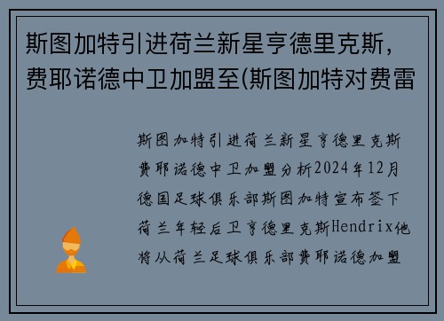 斯图加特引进荷兰新星亨德里克斯，费耶诺德中卫加盟至(斯图加特对费雷堡)